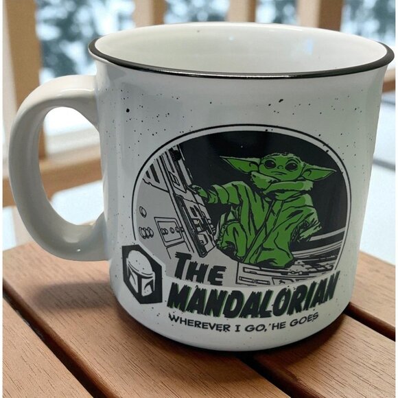 Star Wars The Mandalorian Baby Yoda Grogu Camper Mug 20 oz Wherever I Go He Goes - Picture 1 of 8